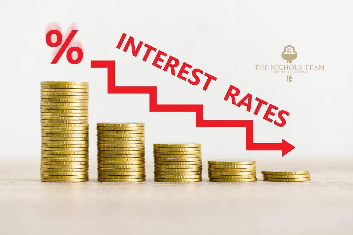 Stacks of gold coins decreasing in height with a red arrow and the words “Interest Rates” symbolizing the Federal Reserve rate cut and its impact on mortgage rates in San Luis Obispo.